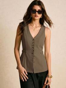 Elegante blusa marrón con cierre de botones delantero y cintura ceñida, elegante y ajustada a la cintura, blusa elegante para mujer, blusas elegantes para mujer, sencilla y elegante, adecuada para uso diario, salir, ir al trabajo, otoño/invierno, blusas marrones para mujer, blusa color caqui, blusa marrón café - Marrón Mocha - Ver 4
