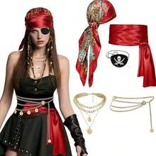 4pcs Women's Pirate Costume Accessories Set, Includes Red Printed Headband, Eye Patch, Waist Chain, Earrings, Suitable For Halloween Cosplay Party - Multicolor - View 7