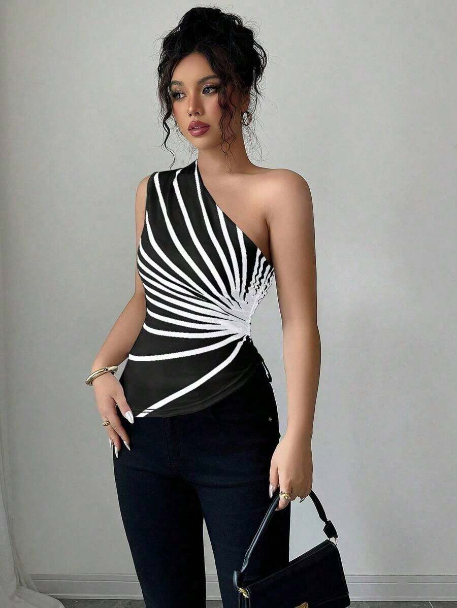Blusa de punto con estampado de rayas y hombro asimétrico, nueva para el verano de mujer - Negro - Ver 1