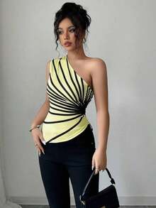 Blusa de punto con estampado de hombro oblicuo elegante para vacaciones de verano para mujer - Amarillo claro - Ver 1