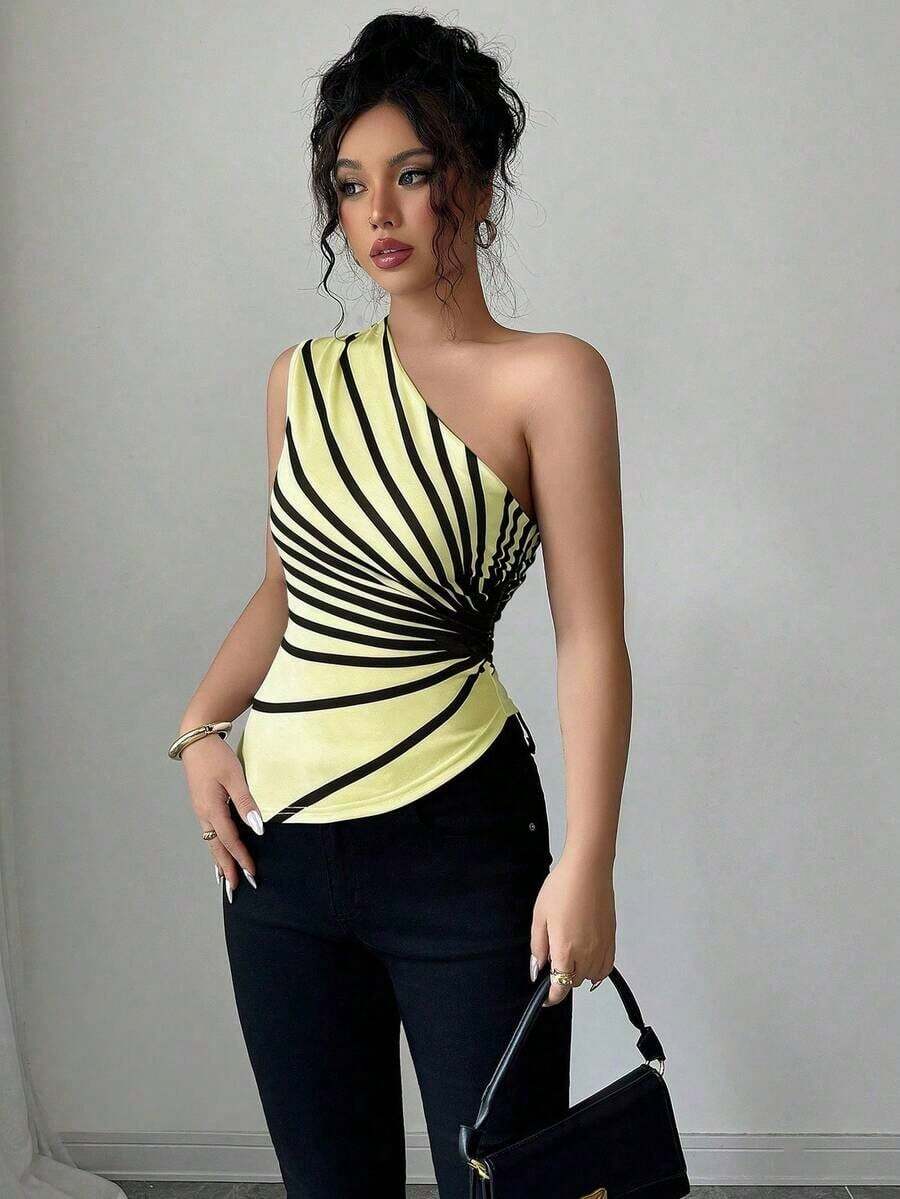 Blusa de punto con estampado de hombro oblicuo elegante para vacaciones de verano para mujer - Amarillo claro - Ver 1