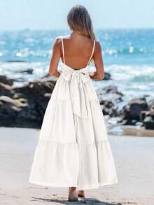 Vestido casual sin mangas con lazo para primavera y verano, atuendos de verano para mujer, vestidos de verano para mujer, atuendos de vacaciones, vestido de playa de verano para mujer, vestido de vacaciones estilo boho y fairycore, vestido sin esp - Blanco - Ver 5