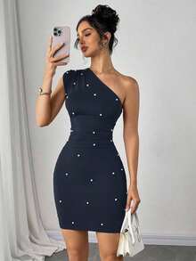 Vestido corto de mujer con decoración de perlas falsas, unicolor y hombro asimétrico - Azul marino - Ver 4