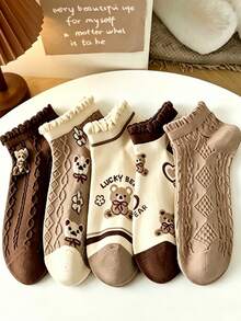 10/20 Pairs Cartoon Bear Ankle Socks, College Style, Thin Low-Cut Socks For Women, Spring Autumn Summer - Multicolor - View 1