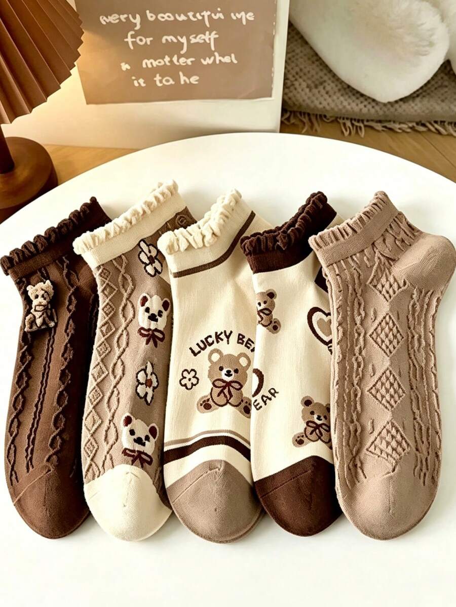 10/20 Pairs Cartoon Bear Ankle Socks, College Style, Thin Low-Cut Socks For Women, Spring Autumn Summer - Multicolor - View 1