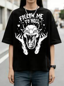 Dark Graffiti Follow Me To Hell Demon Graphic Cotton Summer T-Shirt - Black - View 1