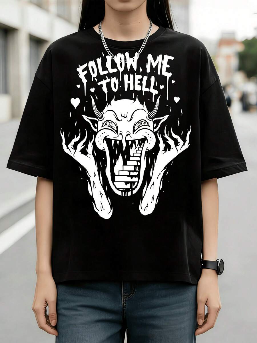 Dark Graffiti Follow Me To Hell Demon Graphic Cotton Summer T-Shirt - Black - View 1
