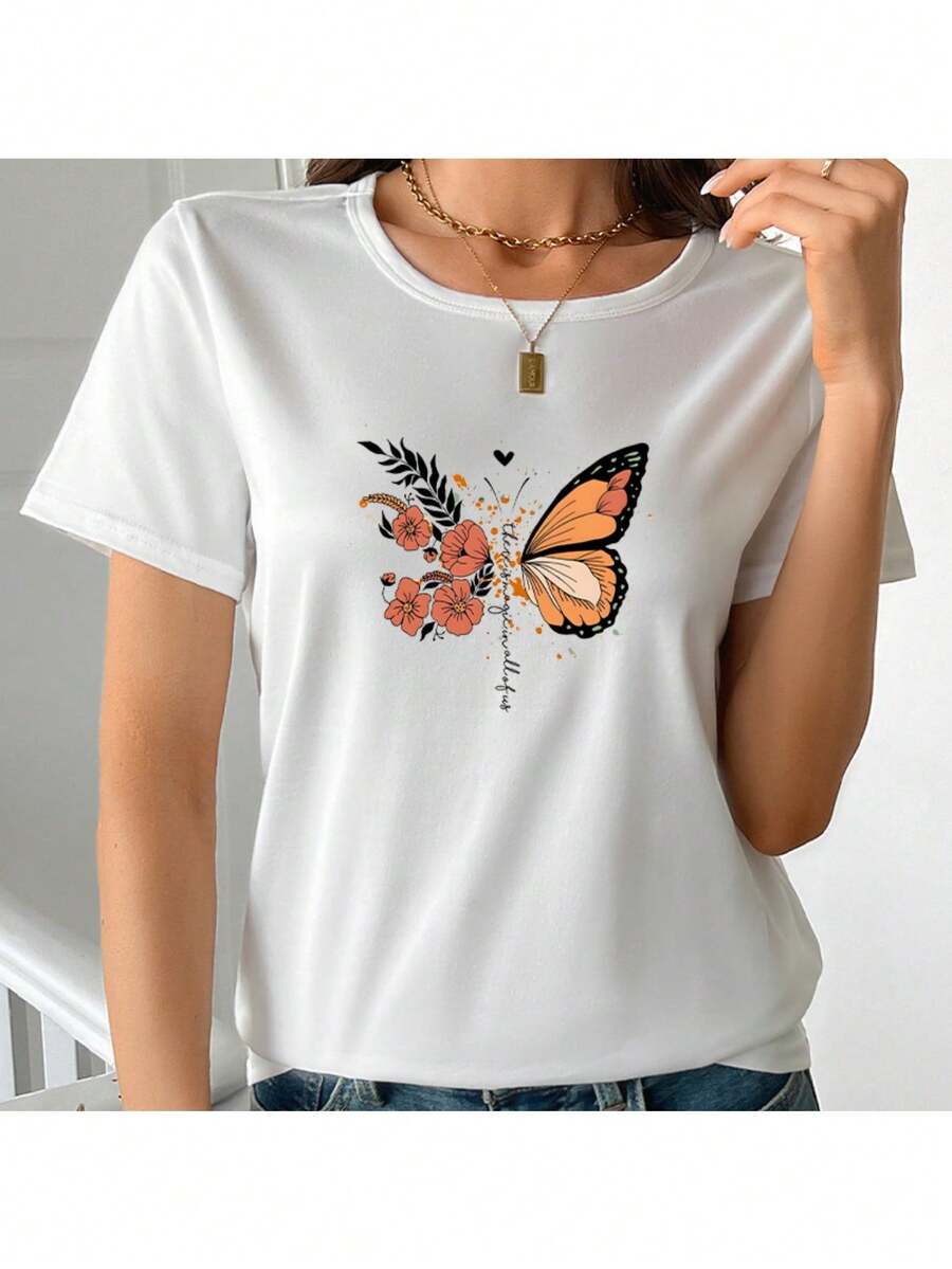 Limited Time Offer, Limited Quantities, Flash ! Women's Casual Shirts, Women's Polyester T-Shirts, Elegant Shirts. Women's Casual T-Shirt With Butterfly And Flower Art - Hand-Painted Design, Soft Polyester Fabric, Short Sleeve, Crew Neck, Breathable Summer Top, Machine Washable, Perfect Gift For Her, Suitable For All Seasons - 白色 - 查看 1