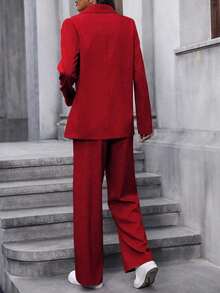 Conjunto de traje informal de mujer con solapa, manga larga y holgado - Rojo - Ver 2