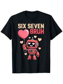 Funny 67 Meme T-Shirt For Valentine's Day, Suitable For Tinder/OkCupid - 6 And 7 Heart Print, 100% Pure Cotton, Soft Unisex Design For Men And Women, Birthday/Ramadan Gift (Black) - Comfortable Casual Wear For All Seasons, Meme With The Numbers 6+7. - 黑色 - 查看 1