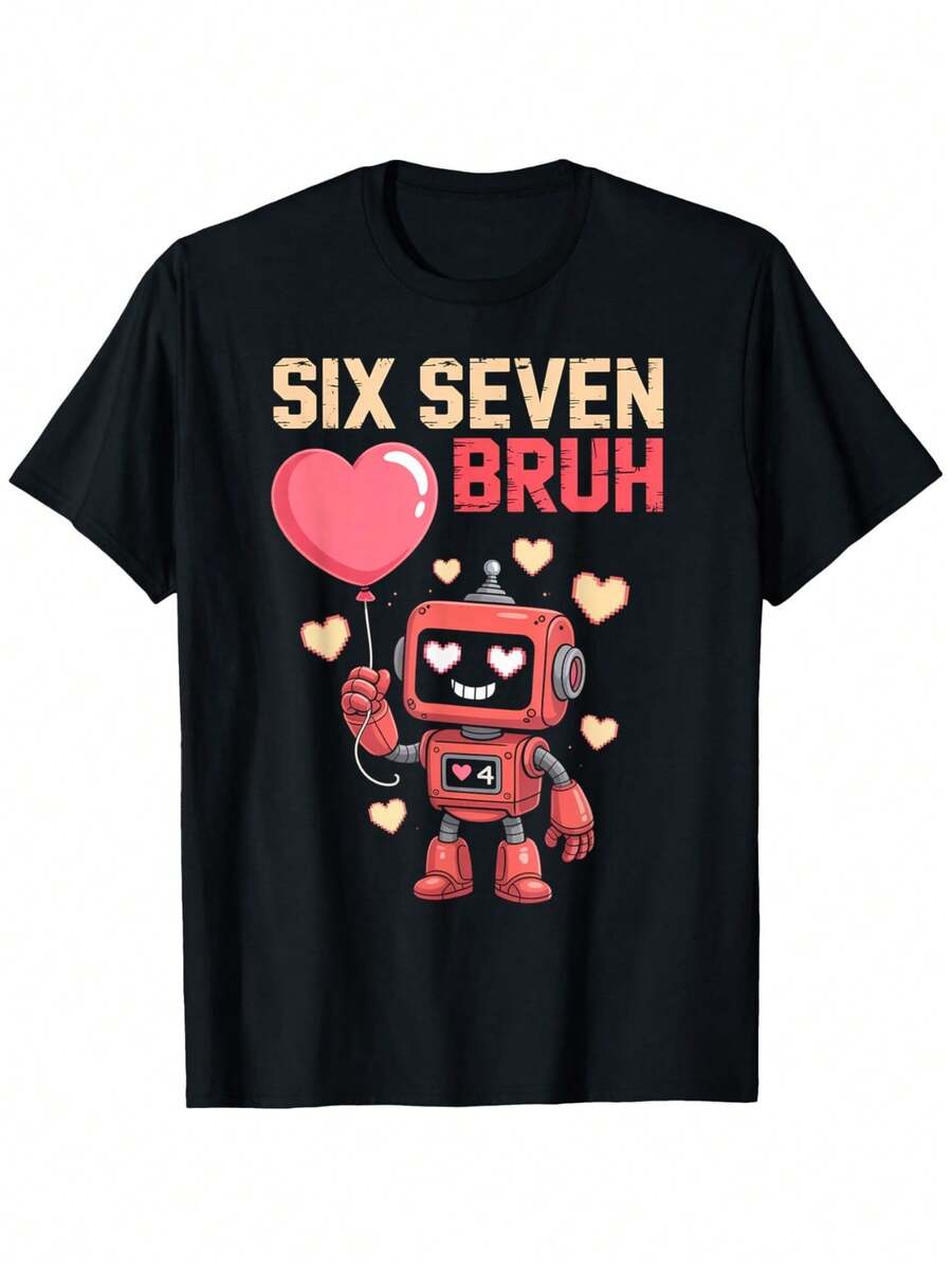 Funny 67 Meme T-Shirt For Valentine's Day, Suitable For Tinder/OkCupid - 6 And 7 Heart Print, 100% Pure Cotton, Soft Unisex Design For Men And Women, Birthday/Ramadan Gift (Black) - Comfortable Casual Wear For All Seasons, Meme With The Numbers 6+7. - 黑色 - 查看 1