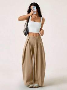 Pantalones anchos de verano con dobladillo curvo verde, estilo vintage, casual y para salir - Caqui - Ver 8