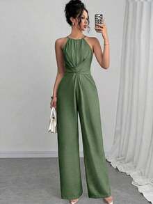 Mono sin mangas de un solo color con diseño cruzado para mujer, atuendo elegante para festivales, fiestas, festivales de música, temporada de graduación, playa, vacaciones y uso diario - Verde militar - Ver 4