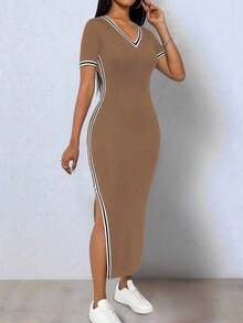 Elegante vestido de punto elástico de color negro y contraste con abertura en el bajo, cuello en V y manga corta para mujeres - Café integral - Ver 5