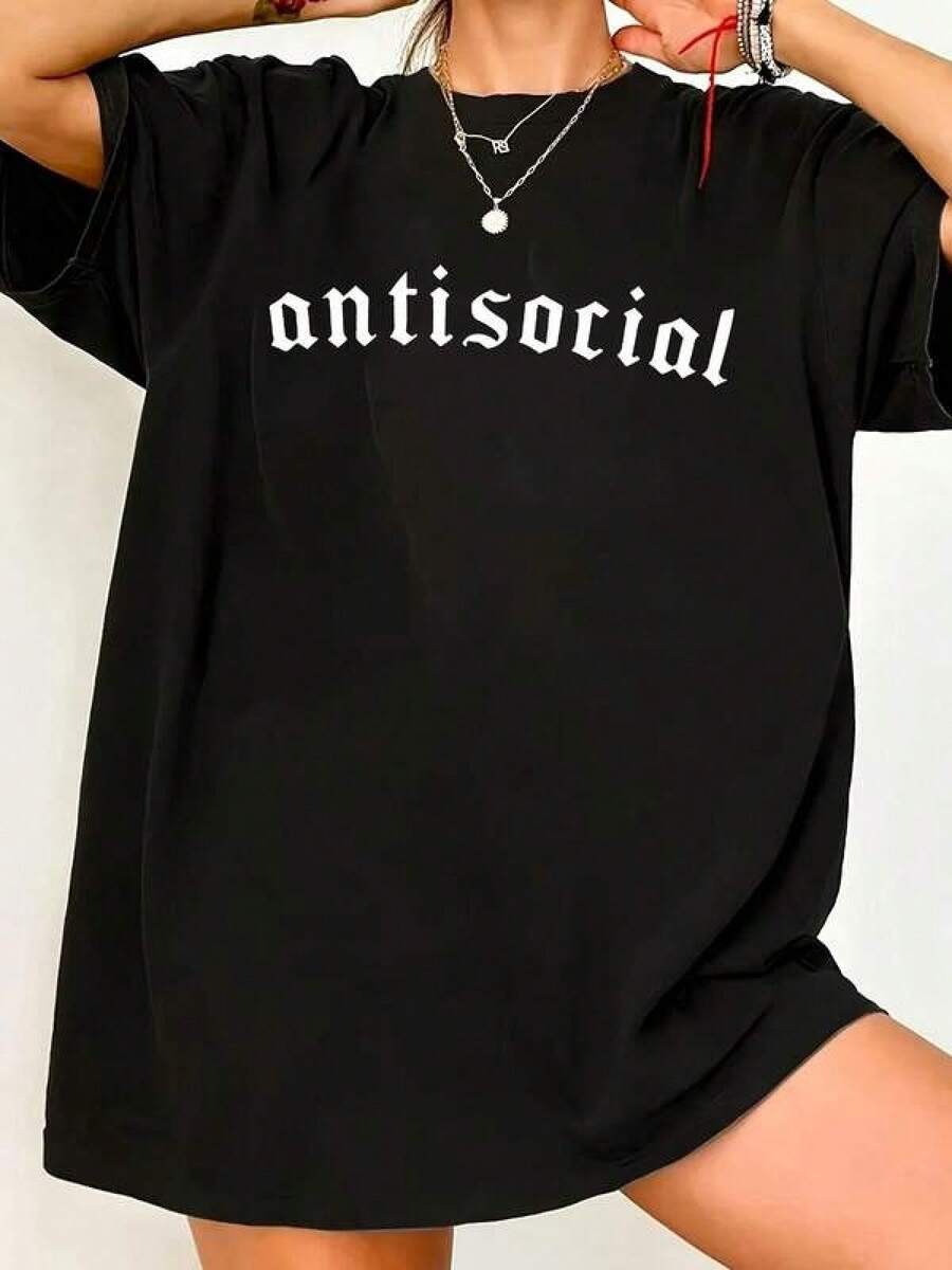 1pc Camisetas Para Mujer Camiseta única antisosial estilo y2k en color negro ideal para los amantes de la moda urbana con diseño audaz y moderno perfecta para cualquier ocasión y para lucir un look atrevido y diferente excelente para destacarte en la multitud Camiseta De Manga Corta De Algodón - Negro - Ver 1