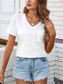 Camiseta de mujer cómoda de algodón, informal, con bolsillo, cuello en V, versátil y de moda - Blanco - Ver 8