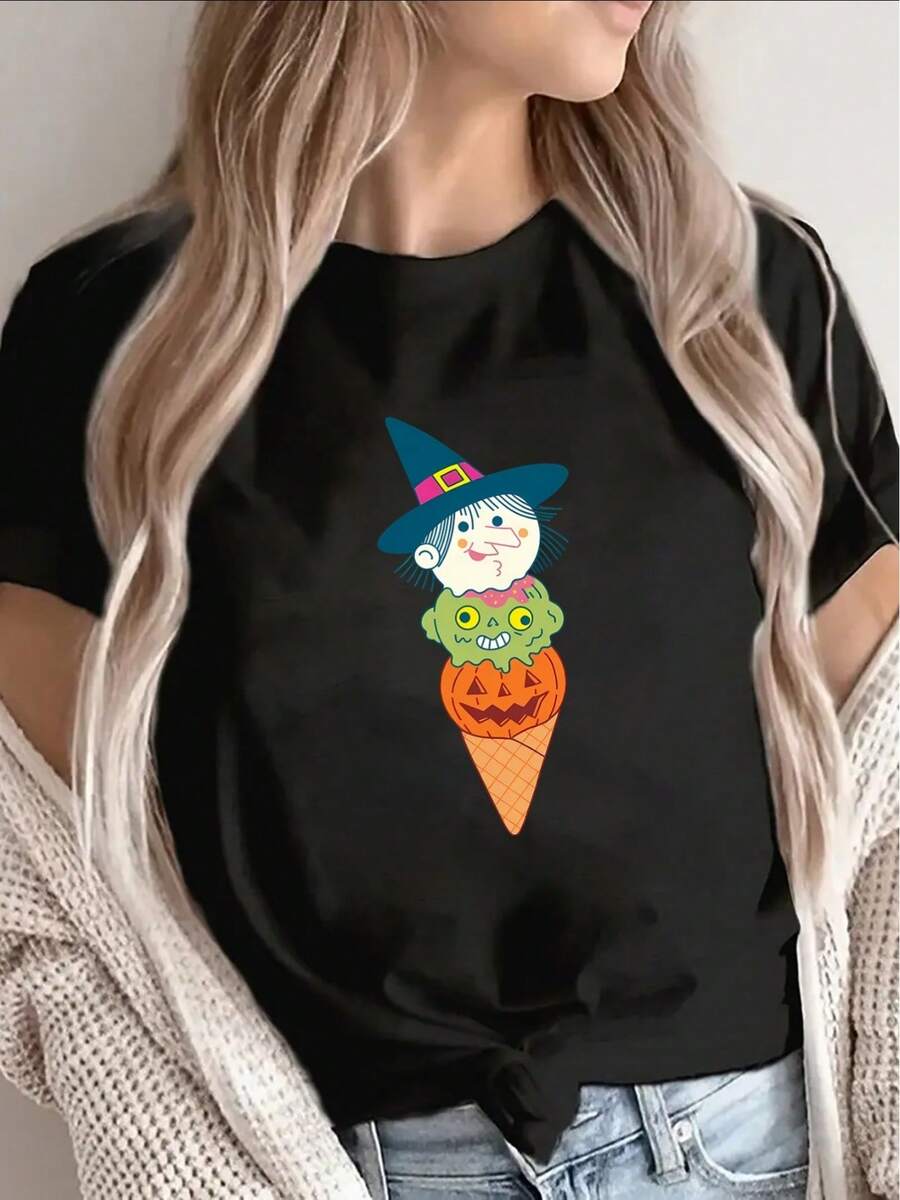 Black Short Sleeve T-Shirt - Ice Cream Witch And Elf Cone Hat Print, Lightweight And Stretchy Polyester Costume For Parties, Casual Halloween Wear, Compatible With Witch Hat Accessory (Adult Sizes) - 黑色 - 查看 1