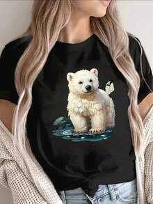 Lightweight And Durable Black T-Shirt With A White Polar Bear Design, Ideal For Casual Wear At Home Or Outdoors, Offering A Comfortable Fit For Everyday Use - 黑色 - 查看 7
