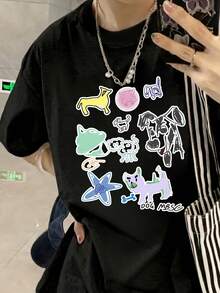 [] Camiseta de manga corta para mujer, diseño de verano, holgada, estampado de dibujos animados, camiseta de manga corta, camiseta pura de manga corta, camiseta interior #3333 - Negro - Ver 4