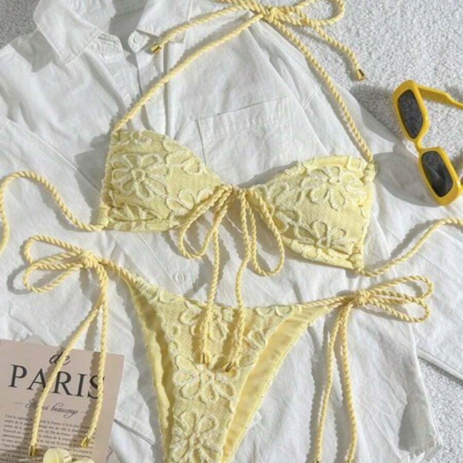 Swim Mod Women's 2-Piece Summer Beach Outfit, Textured Fabric Rope Tie Crop Top And Pants With Side Drawstring, Swimsuit Bikini Set Bikini Sets For Women Womans Bikini Sets Lace Swimwear - Amarillo - Ver 1