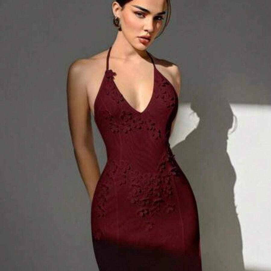 Vestido de malla blanca con escote profundo en V, abertura alta y diseño de flores 3D en el cuello para la temporada de bodas, hecho a mano para mujeres - Burdeos - Ver 1