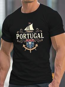 Camiseta gráfica de Portugal para hombre - Cuello redondo azul, camisa casual de manga corta con diseño de barco y escudo, ligera y cómoda para verano, top casual con temática náutica. - Negro - Ver 6