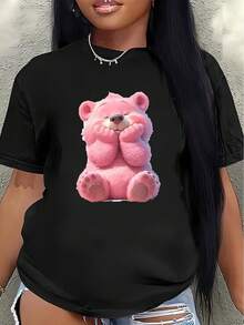 Camiseta de manga corta con estampado de oso rosa, ligera y duradera, adecuada para el hogar, restaurantes o uso casual al aire libre, tela suave, cómoda para el uso diario.women's shirts - Negro - Ver 1
