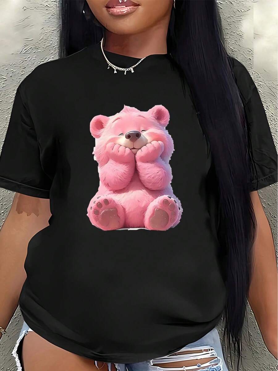 Camiseta de manga corta con estampado de oso rosa, ligera y duradera, adecuada para el hogar, restaurantes o uso casual al aire libre, tela suave, cómoda para el uso diario.women's shirts - Negro - Ver 1