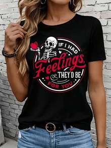 Women's Short-Sleeved T-Shirt For Leisure, Outdoor Activities, And Home, 220g. If I Had Feelings, They Would Be For You. Women's Skeletal Heart And Love Print T-Shirt, Casual Graphic Tee, Valentine's Day Gift, Gift For Leisure, Outdoor Activities, And Parties. - 黑色 - 查看 4