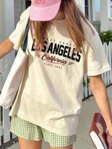Women's Short-Sleeved T-Shirt, Casual Summer Style, With Los Angeles Slogan Print, Loose And Versatile, With Round Neck, Ideal For Everyday Wear And Holidays. - 白色 - 查看 6