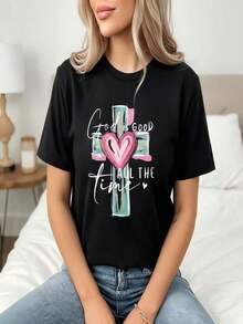 Regalo: 1 camiseta de mujer con estampado de corazón cruzado, cuello redondo, camiseta casual de algodón, tejido de punto de elasticidad media, corte regular para damas, para primavera/verano/otoño, suave. - Negro - Ver 6