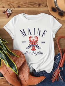 Camiseta de verano premium para mujer, de color gris, con cuello redondo y diseño de langosta de Maine, es perfecta para uso casual en otoño e invierno, y es lavable a máquina para un fácil almacenamiento. Disponible en tres colores. - Blanco - Ver 1