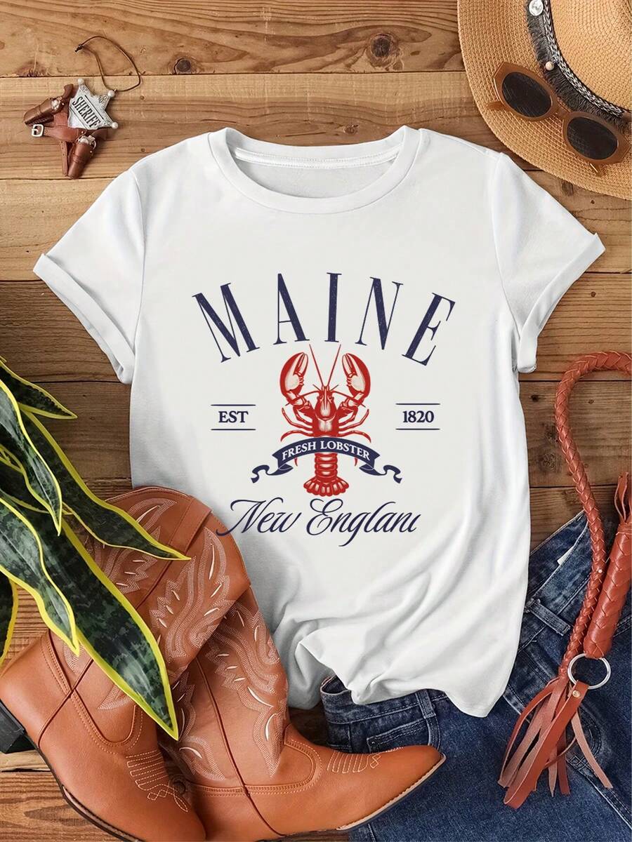 Camiseta de verano premium para mujer, de color gris, con cuello redondo y diseño de langosta de Maine, es perfecta para uso casual en otoño e invierno, y es lavable a máquina para un fácil almacenamiento. Disponible en tres colores. - Blanco - Ver 1