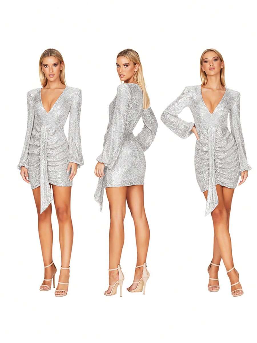 Women's Champagne-Colored Sequined Dress With A Deep V-Neck, Long Bell Sleeves, And An Asymmetrical Draped Mini Design. The Stretchy, Shiny Fabric Is Ideal For Evening Parties, Birthdays, And Winter Festive Events. Its Glamorous And Sexy Style Is Perfect For Elegant Dinners And Celebrations. - 銀色 - 查看 1