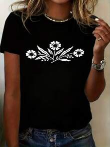 Cozy Comfy Lounge, camiseta de manga corta de cuello redondo para mujer, de corte holgado, con una base blanca sencilla y un estampado floral azul, cómoda y agradable al tacto, lavable a máquina, disponible en corte holgado. Ropa de hogar suave y relajada. - Negro - Ver 1