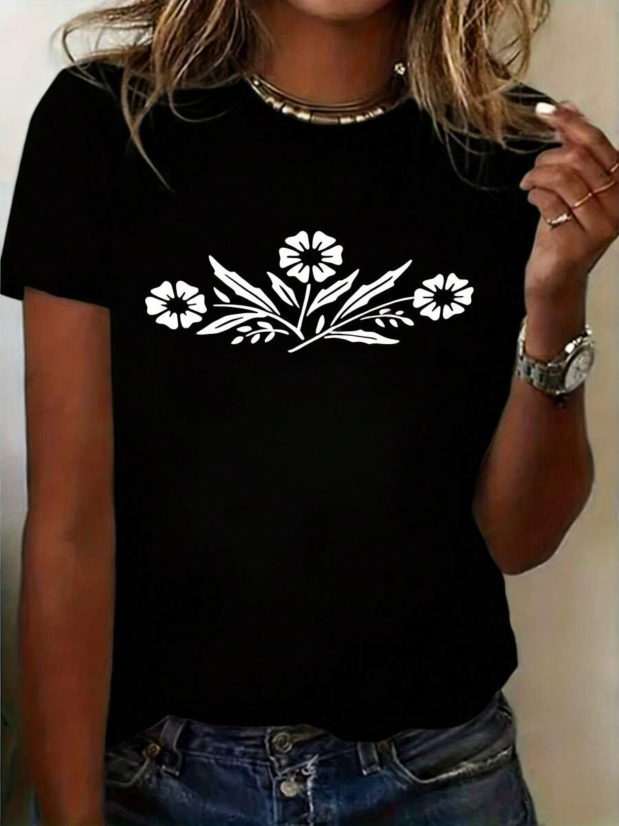 Cozy Comfy Lounge, camiseta de manga corta de cuello redondo para mujer, de corte holgado, con una base blanca sencilla y un estampado floral azul, cómoda y agradable al tacto, lavable a máquina, disponible en corte holgado. Ropa de hogar suave y relajada. - Negro - Ver 1