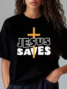 Camiseta de Corte Holgado Disponible en Varios Colores - Estampado de Oración y Fe - Ideal para Uso Casual o Eventos de Iglesia/ Coro/ Reuniones Evangelísticas/ Campamentos de Verano Gospel/ Viernes Santa/ Pascua/ Pentecostés/ American Processingblusas para mujer>ropa - Negro - Ver 1