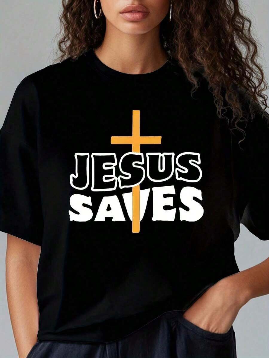 Camiseta de Corte Holgado Disponible en Varios Colores - Estampado de Oración y Fe - Ideal para Uso Casual o Eventos de Iglesia/ Coro/ Reuniones Evangelísticas/ Campamentos de Verano Gospel/ Viernes Santa/ Pascua/ Pentecostés/ American Processingblusas para mujer>ropa - Negro - Ver 1