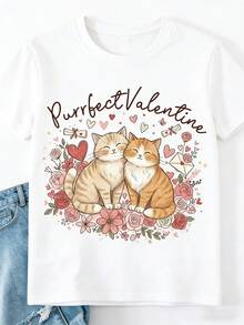 1 camiseta de mujer con estampado de San Valentín - negra con estampado de rosas rojas y corazones, top casual de manga corta con cuello redondo, lavable a máquina, cómoda para todas las estaciones, atuendo romántico, el mejor regalo para ella, 180g 100% algodón. - Blanco - Ver 1
