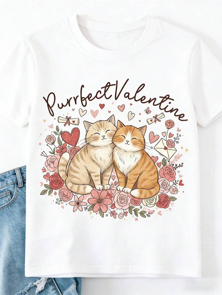 1 camiseta de mujer con estampado de San Valentín - negra con estampado de rosas rojas y corazones, top casual de manga corta con cuello redondo, lavable a máquina, cómoda para todas las estaciones, atuendo romántico, el mejor regalo para ella, 180g 100% algodón. - Blanco - Ver 1