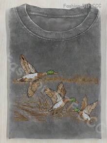 100% Cotton Washed T-Shirt 230G, Vintage Urban Style For Men And Women, Loose Fit, Soft, Breathable, With A Unique Design Of Wild Ducks Taking Off From The Water, Modern And Fashionable, Casual Short Sleeve Round Neck, Ideal For Travel And As A Gift. - 水洗棉灰 - 查看 6