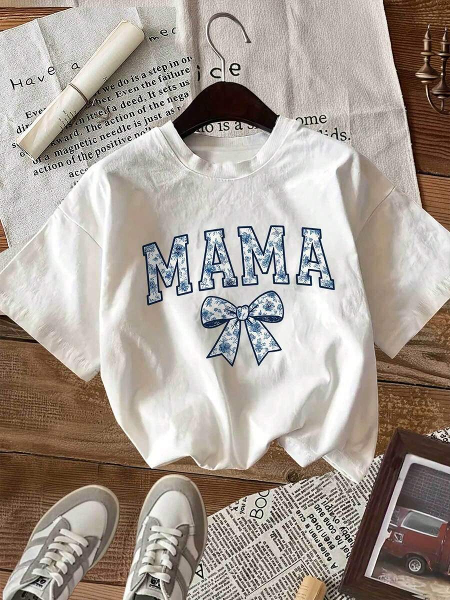 Camiseta Casual de Moda para Mujer, Primavera/Verano, con Estampado de Letras y Lazos Estilo Cartoon, Cuello Redondo, Manga Corta - Blanco - Ver 1