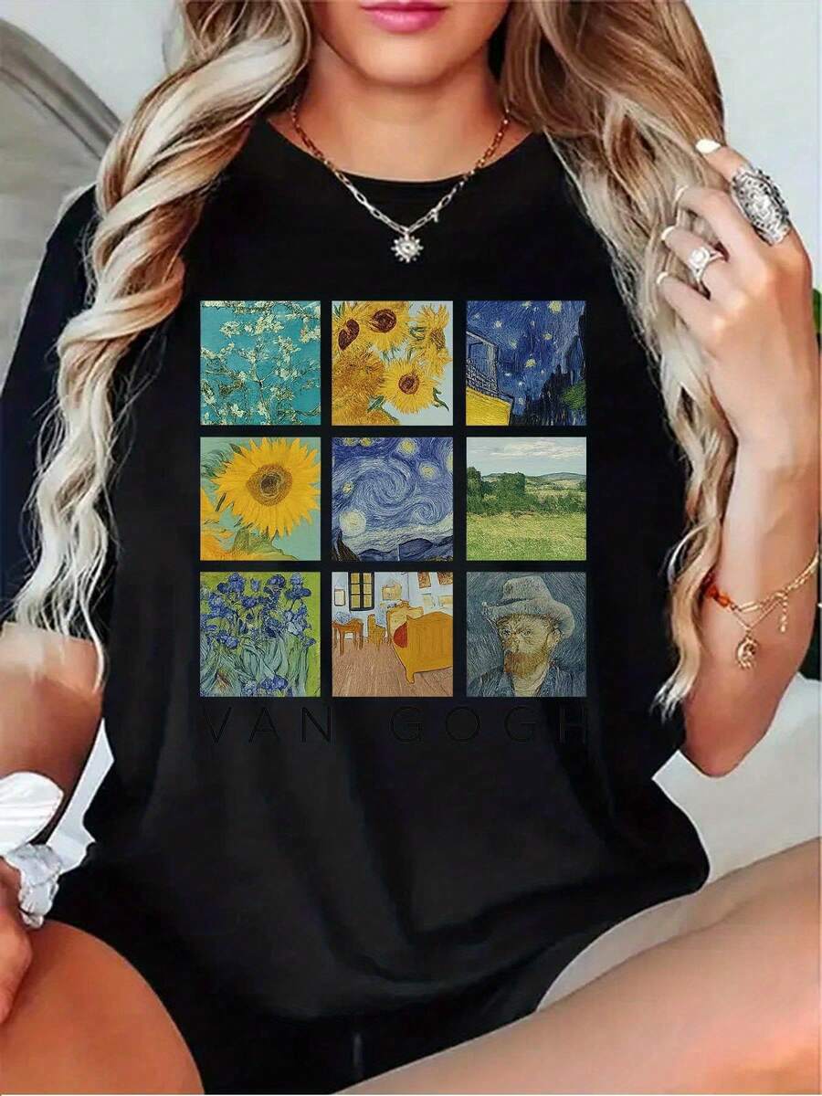 Una camiseta de mujer de manga corta, holgada, moderna, a la moda, retro y elegante, adecuada para actividades al aire libre en primavera y verano.Camiseta de mujer con diseño del artista Van Gogh - una camiseta casual de manga corta con cuello redondo, que presenta el icónico patrón con el nombre del artista, disponible en colores negro, gris y blanco, lavable a máquina, ideal para eventos artísticos y uso diario.blusas para mujer,blusas casuales para dama,tops,, mujer premium,y2k,playeras de mujer curvy,ofertas y liquidaciones ropa mujer,playeras deportivas para mujer,,playeras de hombre, mujer,blusas>elegante DRRW - Negro - Ver 1