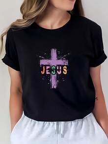 Camiseta con Gráfico de la Cruz de Jesús de 180g - Camiseta de Fe Elegante y Casual, Regalo Perfecto para Pascua, Eventos Familiares e Iglesianos, Cómoda para Uso Diario - Negro - Ver 1