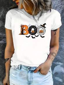 1 camiseta de manga corta casual para mujer de Halloween, 100% algodón grueso - cuello redondo cómodo, top suave y lindo, 180g de algodón 100%. - Negro - Ver 8