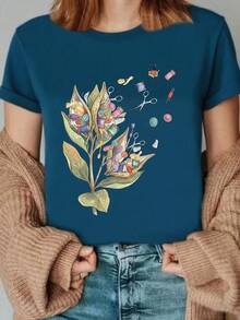 1 Funny Floral Sewing Print T-Shirt, Seed Pod Design T-Shirt With Sewing Materials, Floral Shirt With Lace And Buttons, T-Shirt For Crafters And Sewing Enthusiasts, Breathable And Machine Washable Summer Clothes For Women, Casual And Versatile Style, 180g 100% Cotton. - 白色 - 查看 11