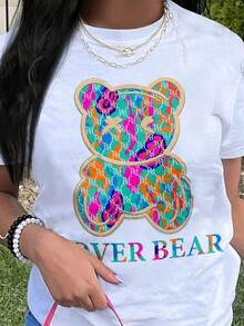 Slayr Unisex Women's T-Shirt With 'Never Bear' Print, Retro Multicolored Bear Design, Breathable And Comfortable, Round Neck, Short Sleeve, Casual, For All Seasons, Machine Washable, Fashionable Women's Clothing. - 白色 - 查看 1