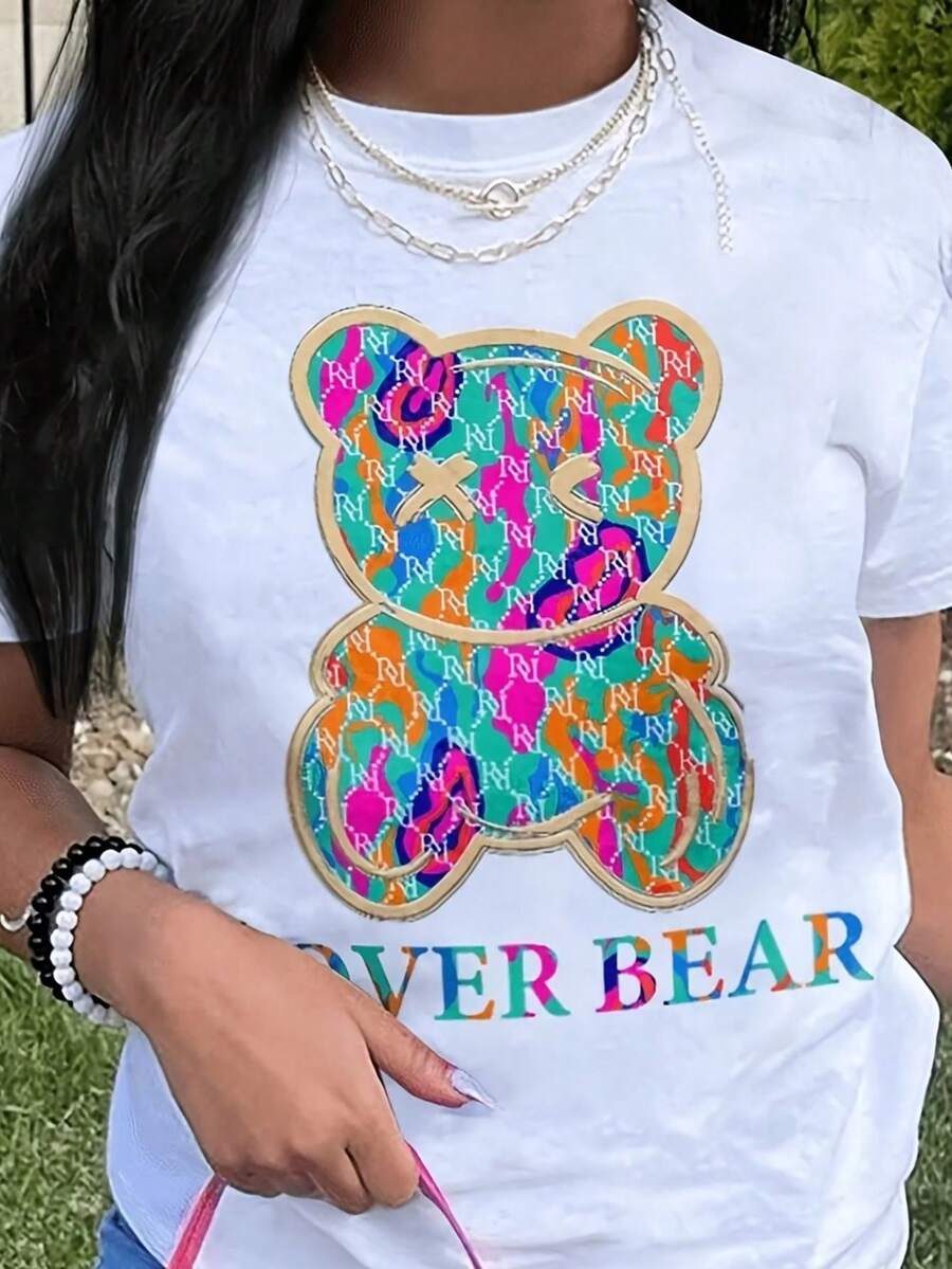 Slayr Unisex Women's T-Shirt With 'Never Bear' Print, Retro Multicolored Bear Design, Breathable And Comfortable, Round Neck, Short Sleeve, Casual, For All Seasons, Machine Washable, Fashionable Women's Clothing. - 白色 - 查看 1