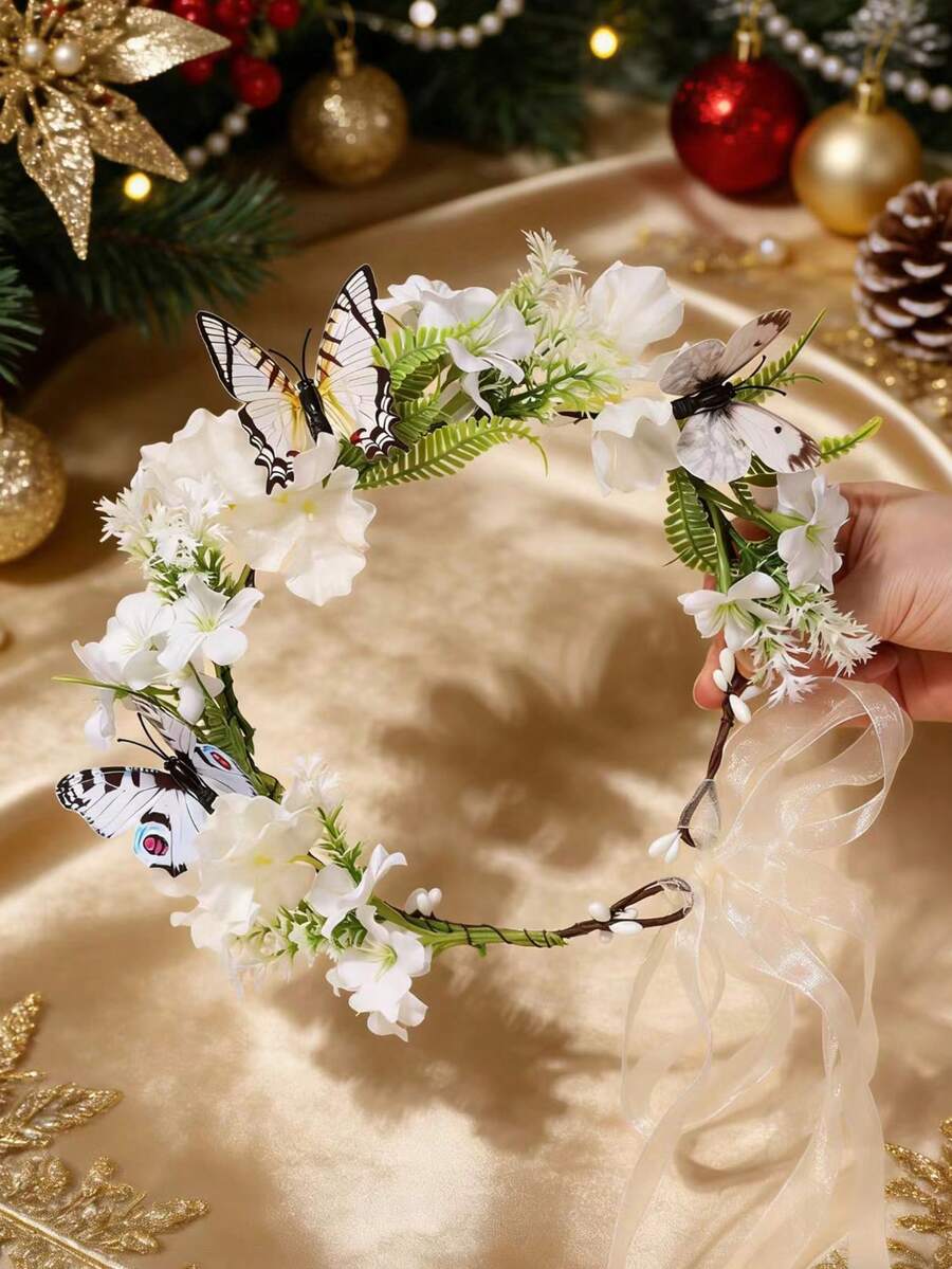 1件新娘花冠,手工花卉髮飾,婚紗裝飾,蜜月配件,時尚浪漫花冠(蝴蝶顏色,款式隨機),髮環,頭飾花環 - 58933白色 - 查看 1