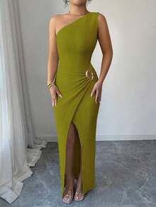 New Women's Sexy Solid Color Maxi Dress With Asymmetrical Shoulder, Twisted And Ruched, Asymmetrical Neckline, Knit Texture And Fitted Style, Twisted Design With Slit, Elegant Outfit For Women, Dress For Spring/Summer Party, Vacation, Valentine's Day - 酒紅色 - 查看 8
